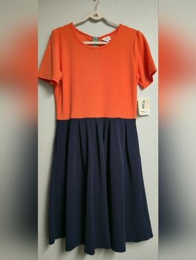 Lularoe Ladies Colorblock Orange & Navy Dress With Pockets
